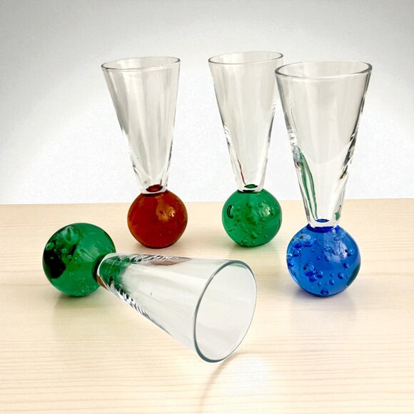 Vintage Set of 4 Hand Blown Cordial Glasses Bubbles Ball Bottom Multicolours - Picture 1 of 5